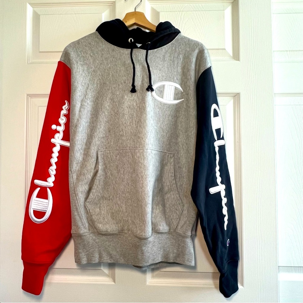 Champion Reverse Weave Hoodie Medium Colorblock Spellout Sweatshirt Blue Red